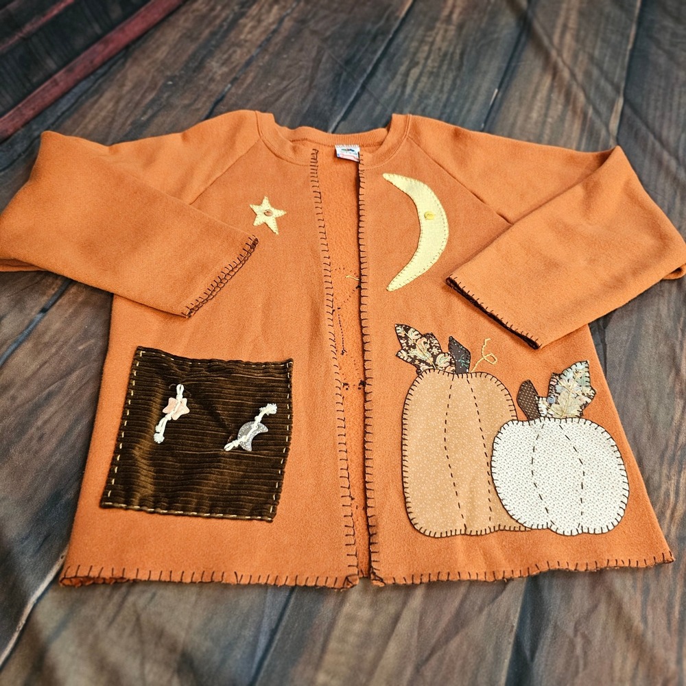 Vintage 1990s Handcrafted Pumpkin Patch Cardigan Sweatshirt Orange Folk Art Lg - Picture 8 of 14